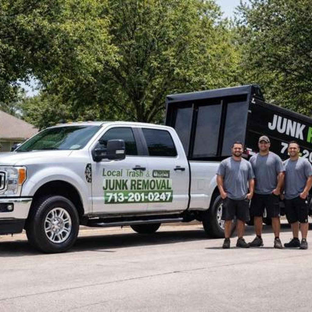 Local Trash and Junk Removal crew with truck and trailer in Deer Park Texas